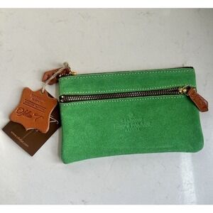 Ofelia T Small Zip Clutch Green Suede Leather Silver Wallet Coin Purse Spain